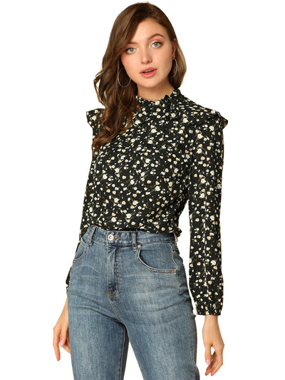 Bow Tie Neck Long Sleeve Floral Ruffled Blouse