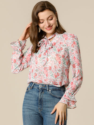 Valentine's Day Floral Tie V Neck Blouse Chiffon Ruffle Trumpet Top