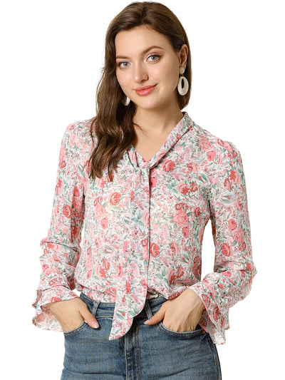 Valentine's Day Floral Tie V Neck Blouse Chiffon Ruffle Trumpet Top