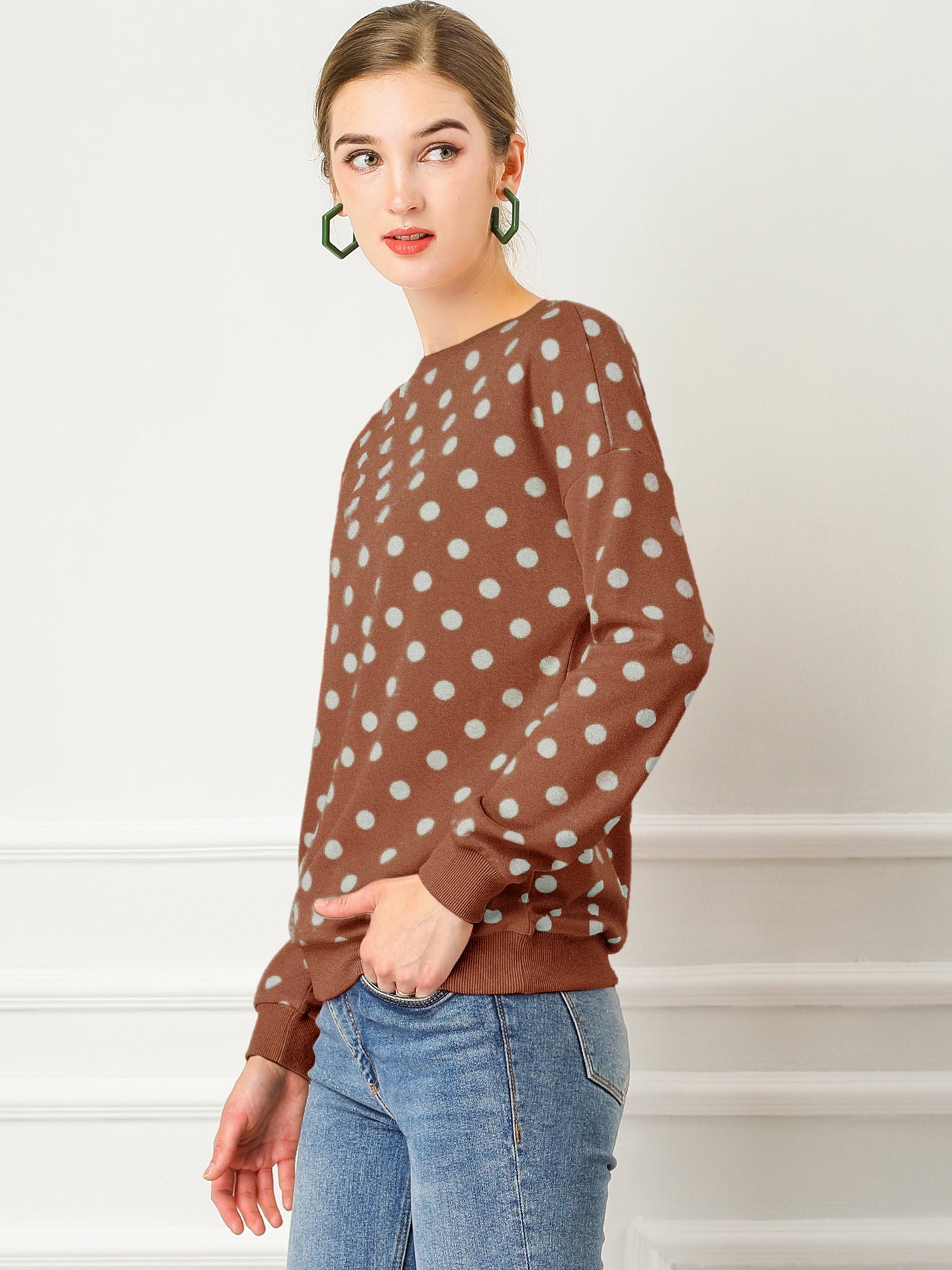 Allegra K Winter Knitted Pullover Sweatshirt Long Sleeve Polka Dot Sweater