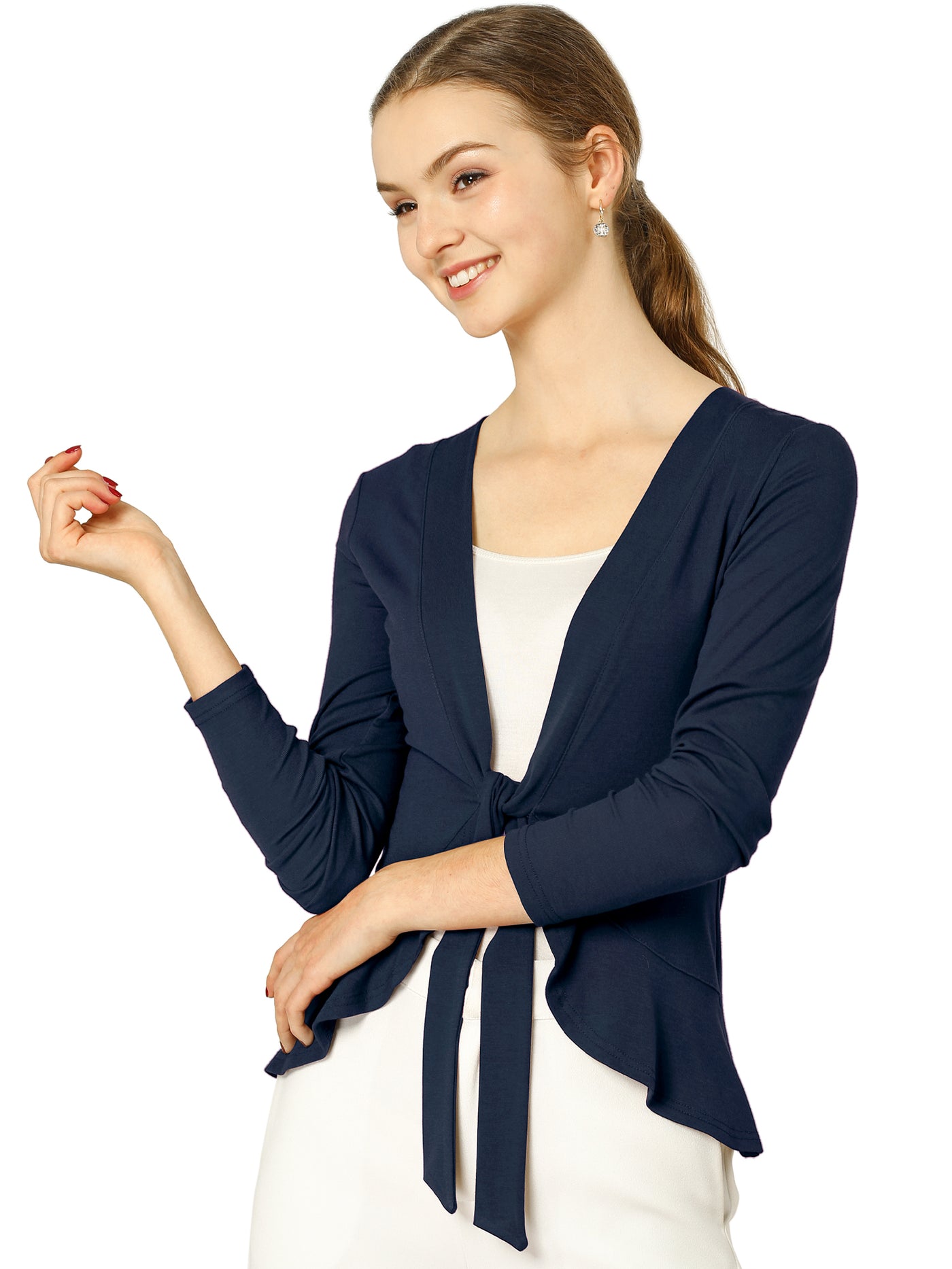 Allegra K Women's Tie Front Ruffled Long Sleeve Open Cardigan