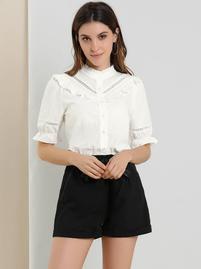 Button Down Cotton Short Sleeve Ruffle Stand Collar Work Blouse