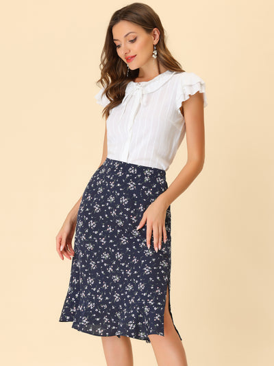 Floral Ruffle Elastic High Waist Button Flowy Split Midi Skirt