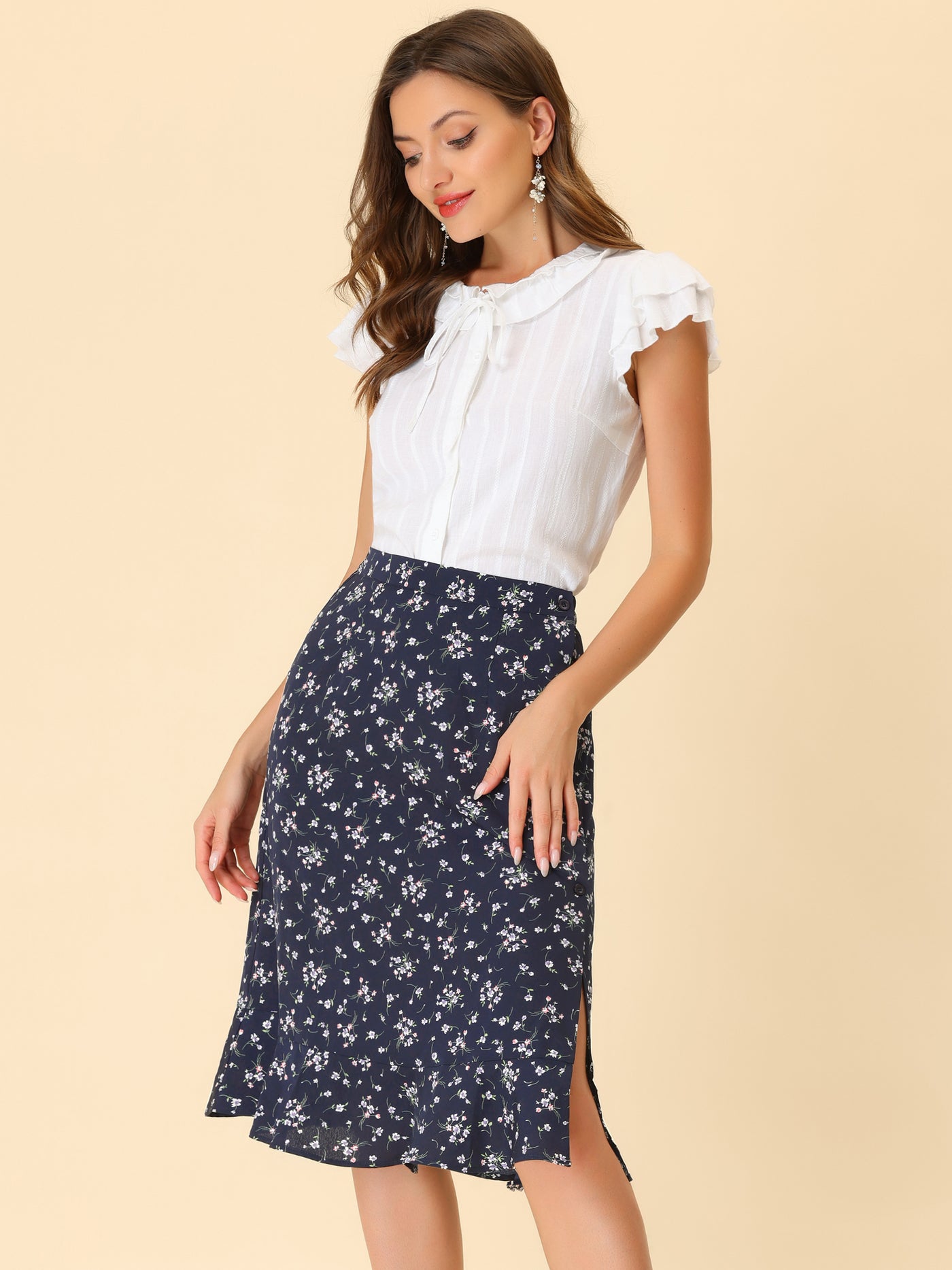 Allegra K Floral Ruffle Elastic High Waist Button Flowy Split Midi Skirt