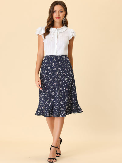 Floral Ruffle Elastic High Waist Button Flowy Split Midi Skirt