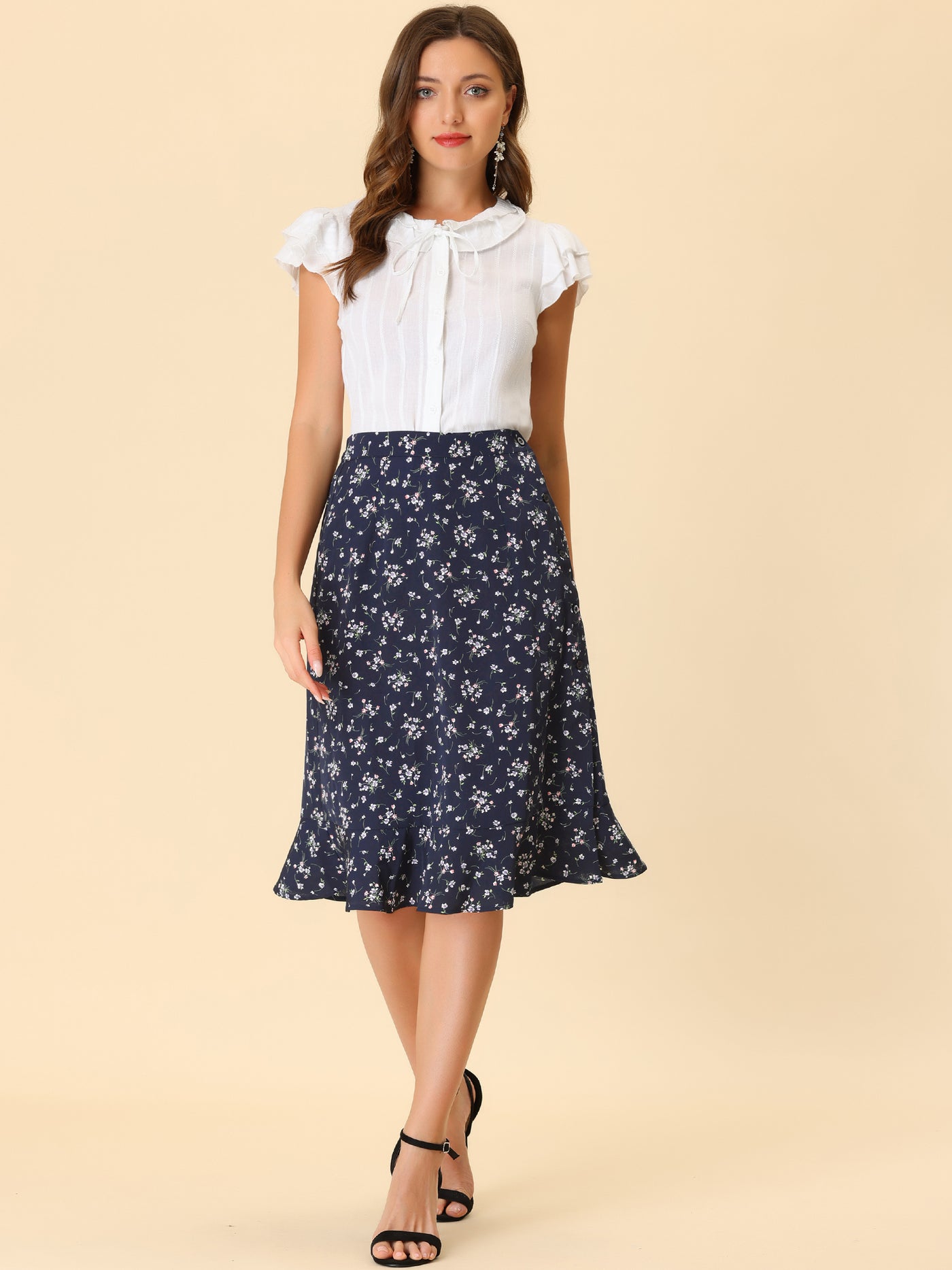 Allegra K Floral Ruffle Elastic High Waist Button Flowy Split Midi Skirt