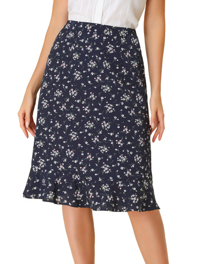 Floral Ruffle Elastic High Waist Button Flowy Split Midi Skirt