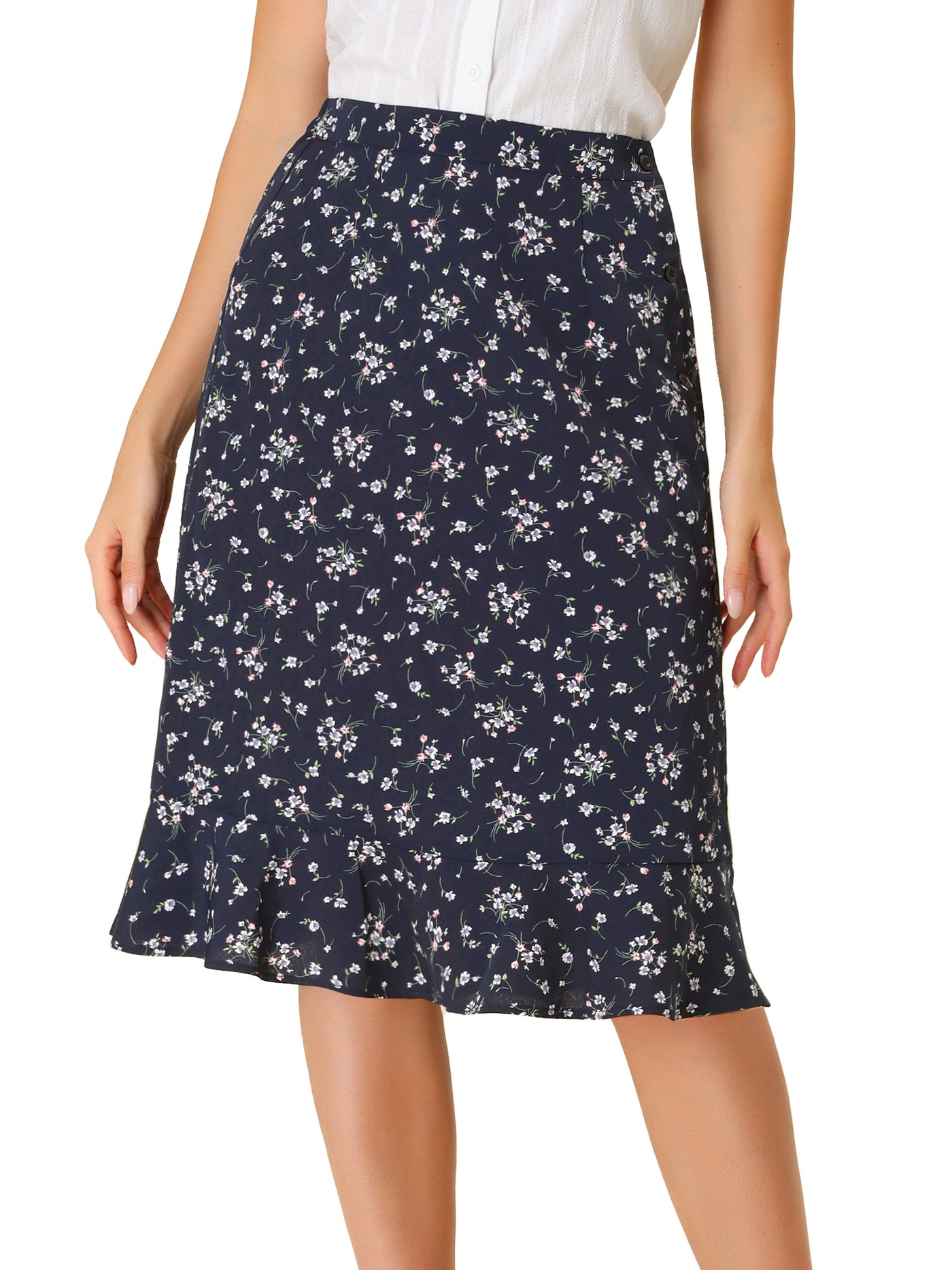 Allegra K Floral Ruffle Elastic High Waist Button Flowy Split Midi Skirt