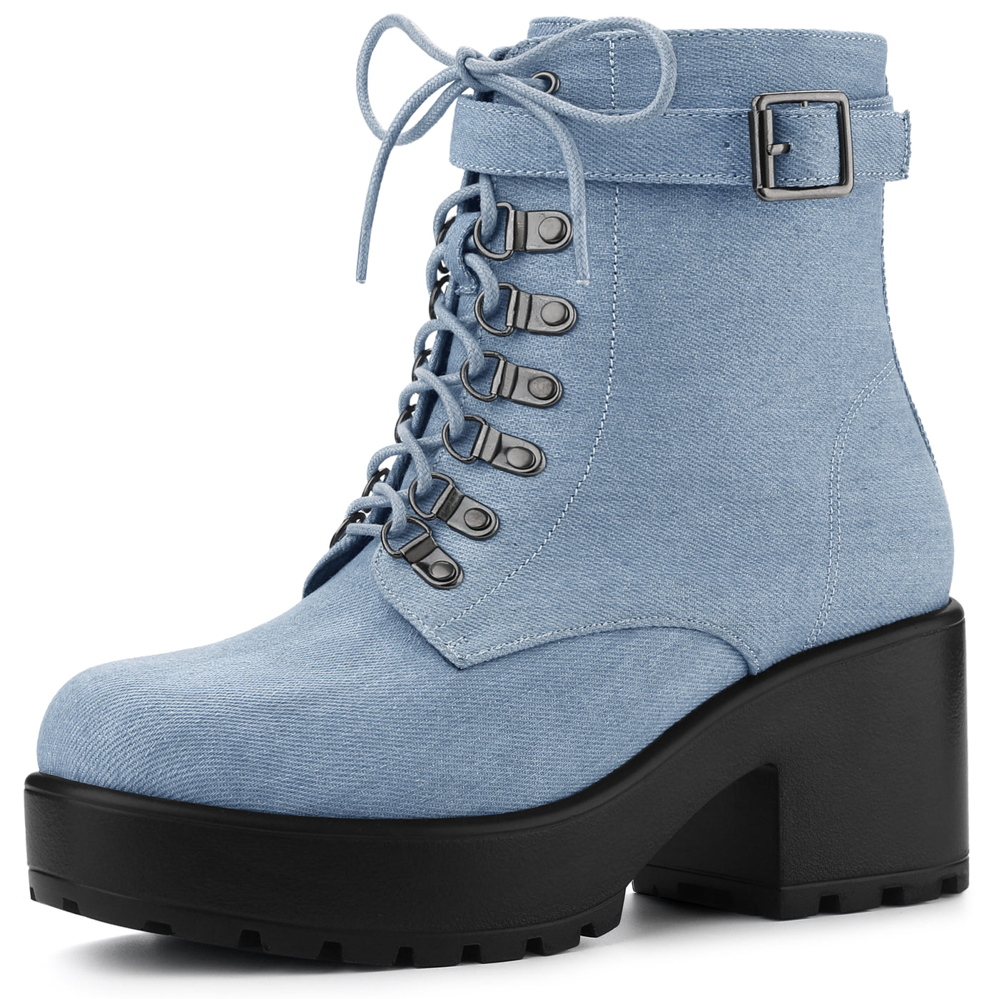 Allegra K Zip Up Chunky Heel Platform Ankle Combat Boots