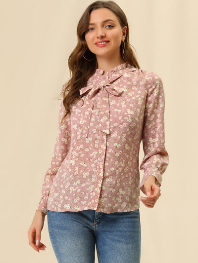 Vintage Floral Tie Neck Long Sleeve Ruffled Collar Peasant Blouse