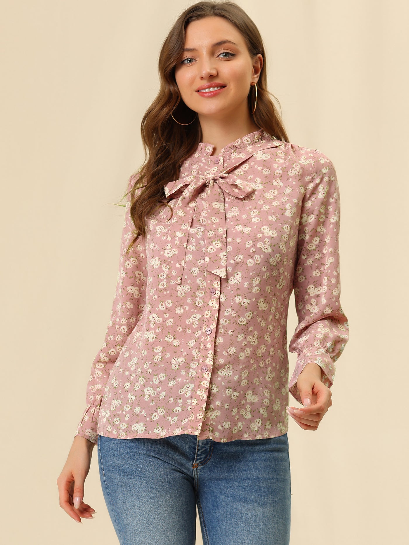 Allegra K Vintage Floral Tie Neck Long Sleeve Ruffled Collar Peasant Blouse