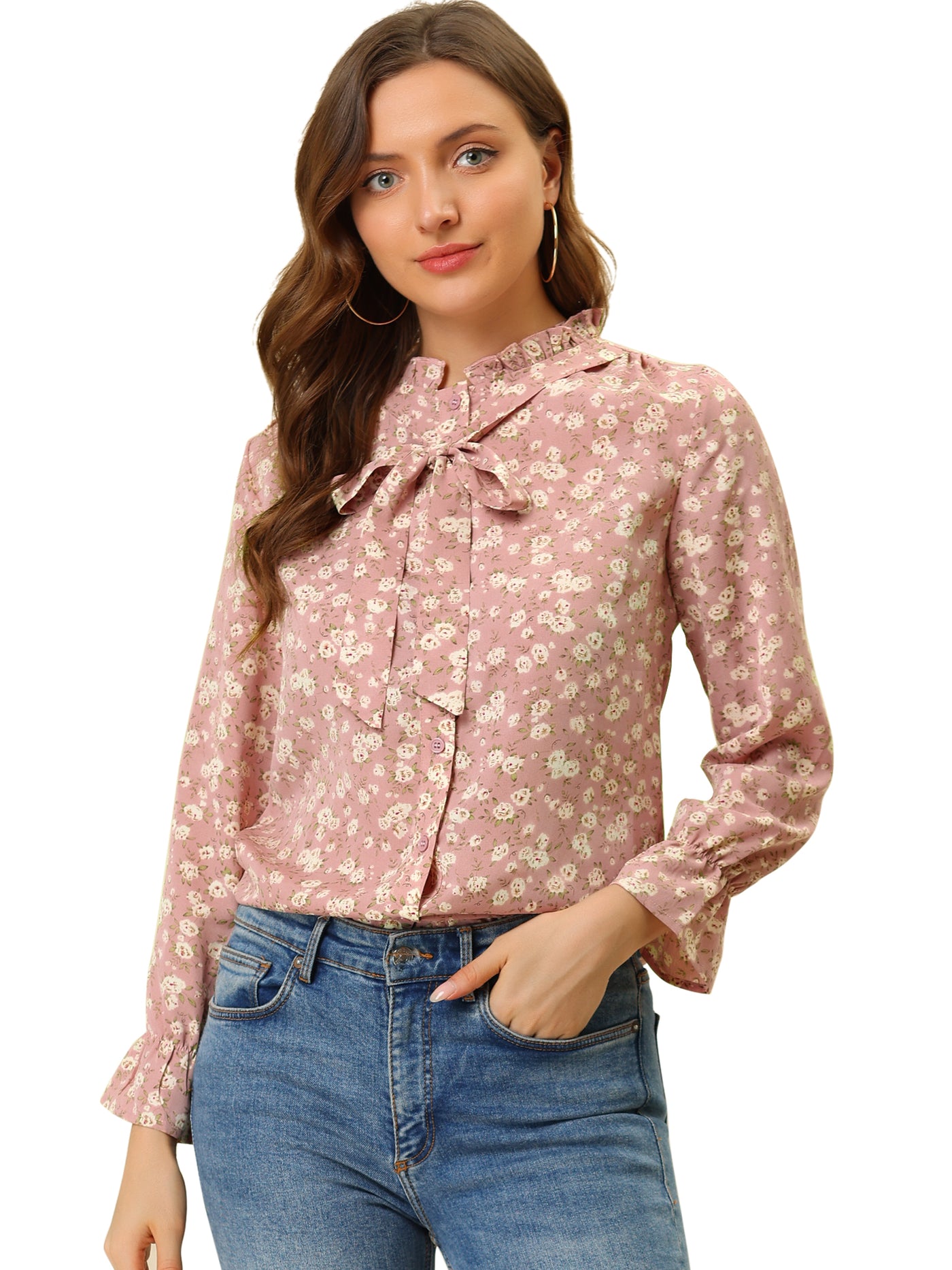 Allegra K Vintage Floral Tie Neck Long Sleeve Ruffled Collar Peasant Blouse