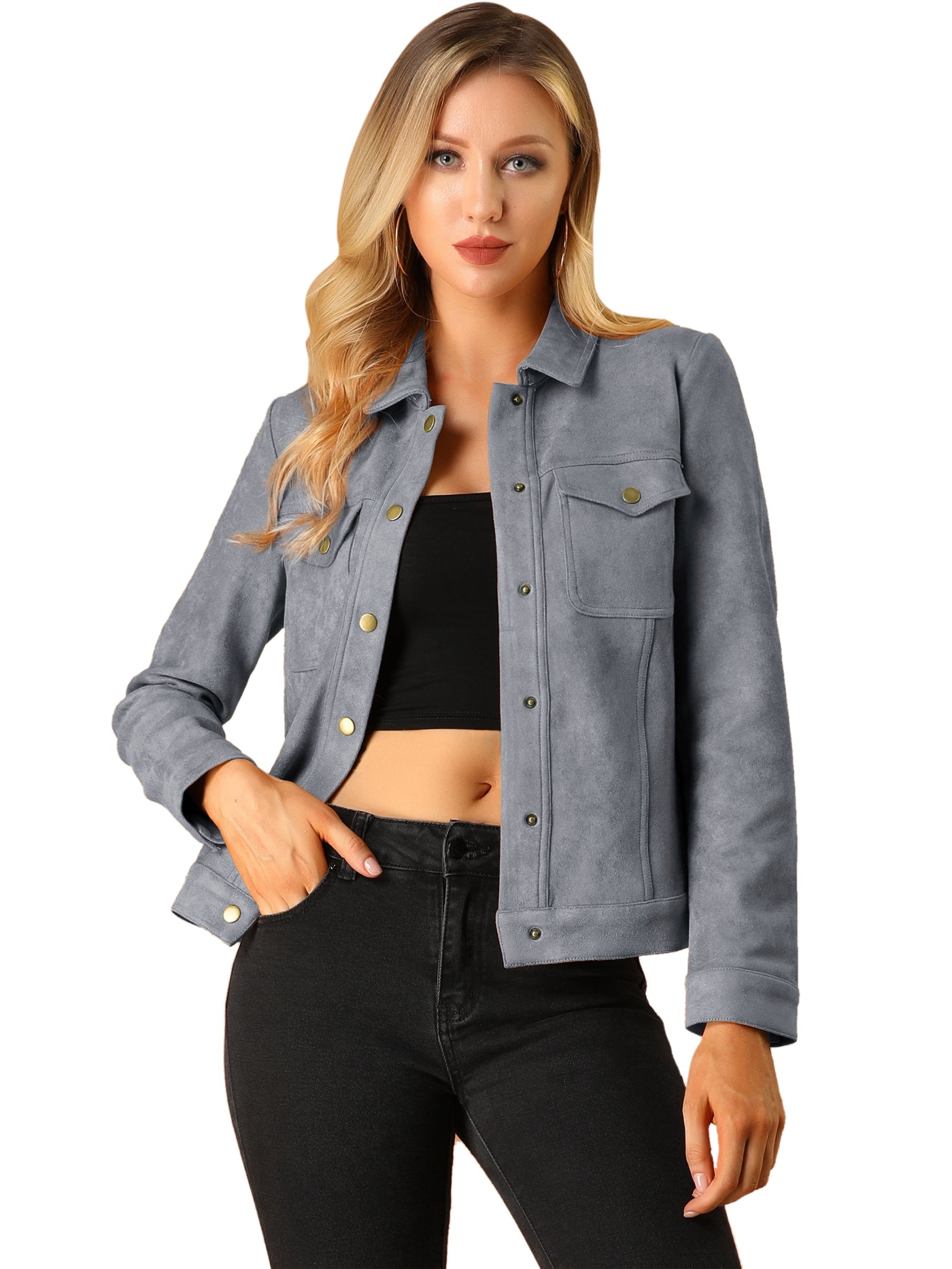 Allegra K Turn-Down Collar Flap Pocket Snap Button Faux Suede Jacket