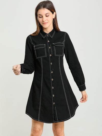 Lantern Sleeve Curved Hem Button Down Tunic Denim Shirt Dress