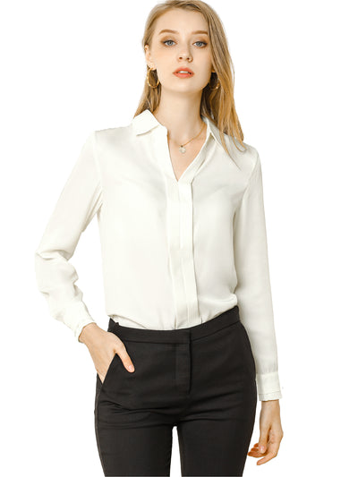 Satin Elegant V Neck Long Sleeve Silky Office Work Blouse