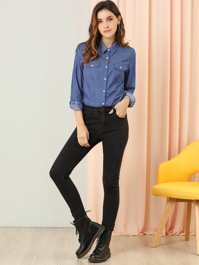 Button Down Long Sleeve Point Collar Chambray Poplin Shirt