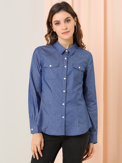 Button Down Long Sleeve Point Collar Chambray Poplin Shirt