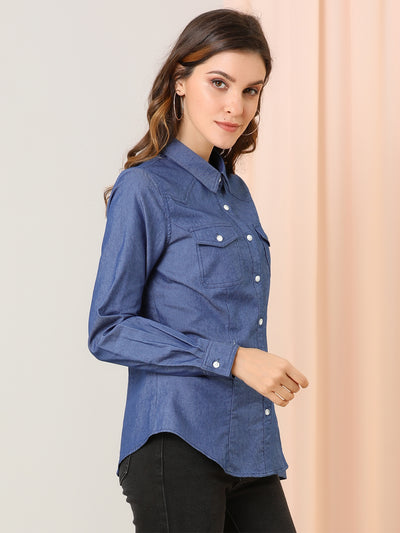 Button Down Long Sleeve Point Collar Chambray Poplin Shirt