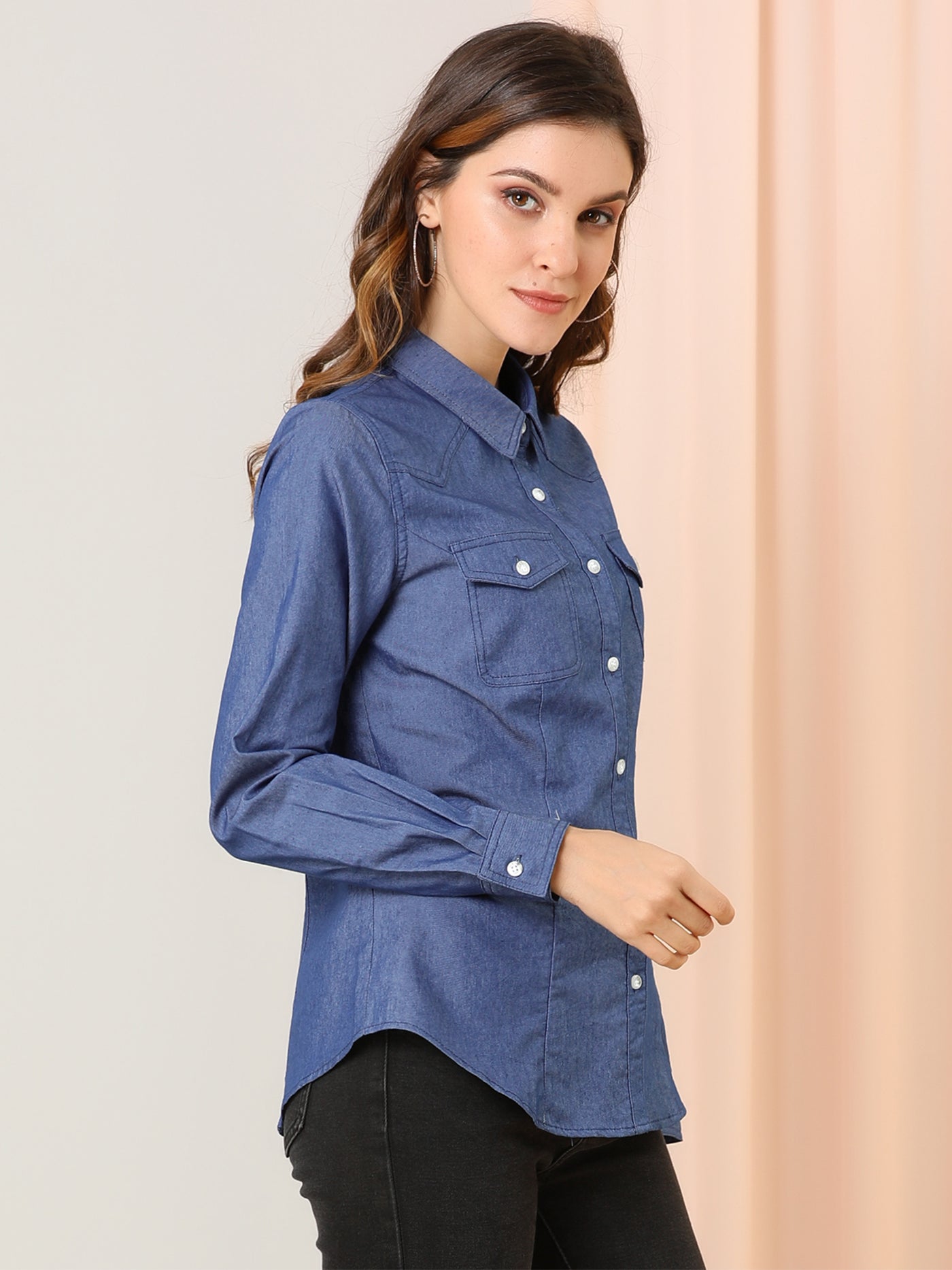 Allegra K Button Down Long Sleeve Point Collar Chambray Poplin Shirt