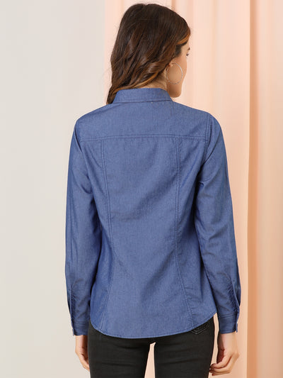 Button Down Long Sleeve Point Collar Chambray Poplin Shirt