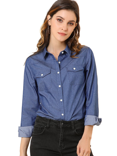 Button Down Long Sleeve Point Collar Chambray Poplin Shirt