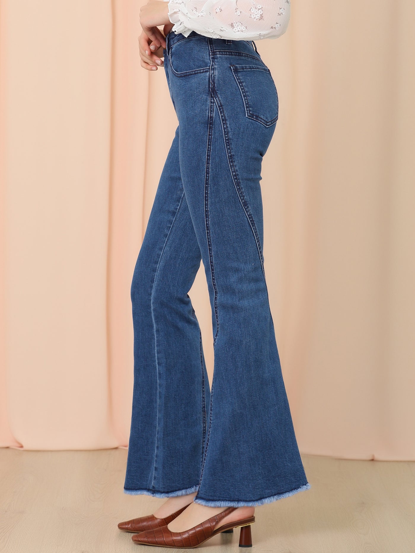 Allegra K High Waist Stretch Denim Long Bell Pants Flare Jeans