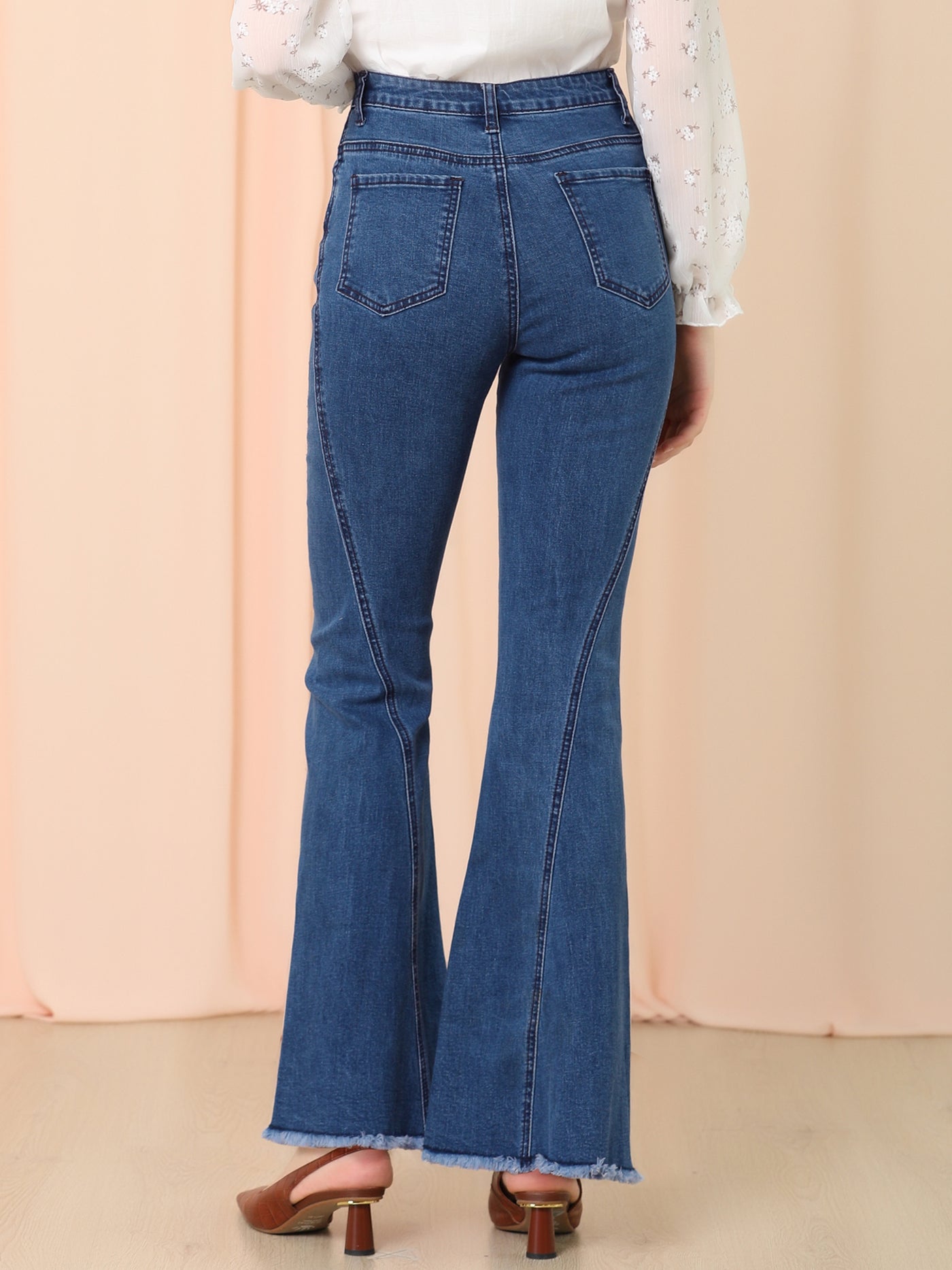 Allegra K High Waist Stretch Denim Long Bell Pants Flare Jeans