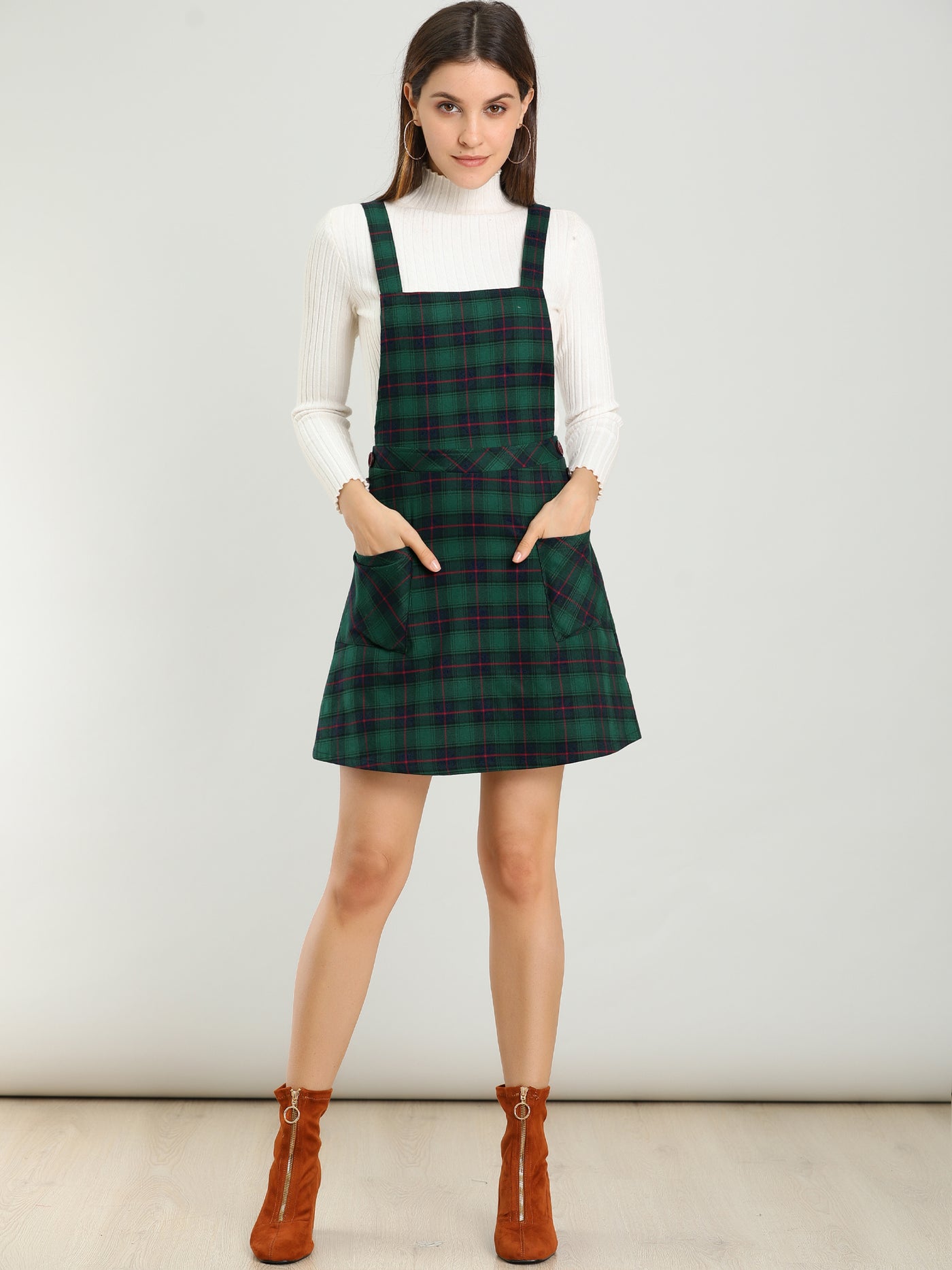 Allegra K Plaid Tartan Button Decor A-Line Pinafore Overall Dress