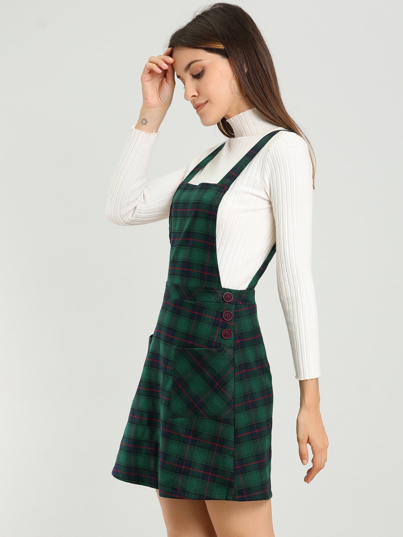 Allegra K Plaid Tartan Button Decor A-Line Pinafore Overall Dress