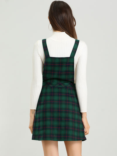 Plaid Tartan Button Decor A-Line Pinafore Overall Dress