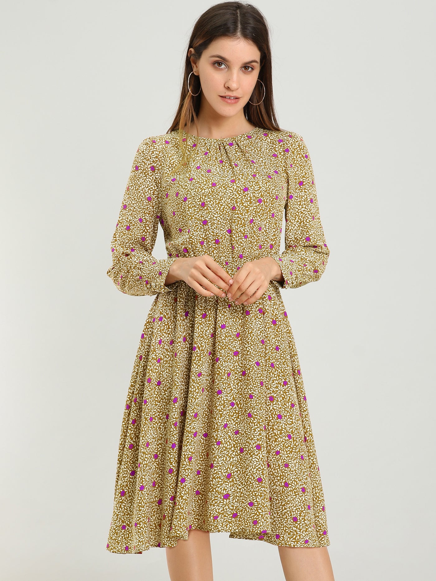 Allegra K Puff Long Sleeve Fit and Flare Round Neck Floral Dress