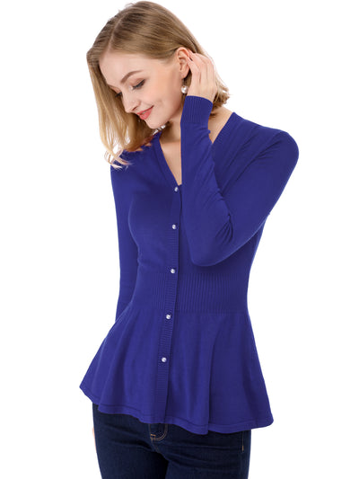 V Neck Long Sleeve Ribbed Pullover Knitted Peplum Top