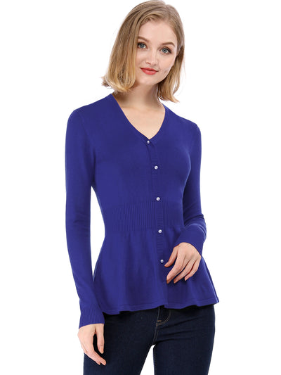 V Neck Long Sleeve Ribbed Pullover Knitted Peplum Top