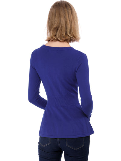 V Neck Long Sleeve Ribbed Pullover Knitted Peplum Top