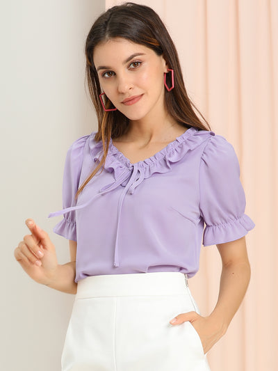 Ruffle Tie V NeckPuff Sleeve Ruffle Cuff Casual Blouse