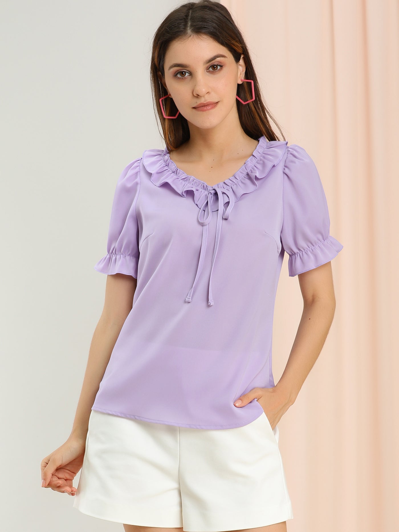 Allegra K Ruffle Tie V NeckPuff Sleeve Ruffle Cuff Casual Blouse