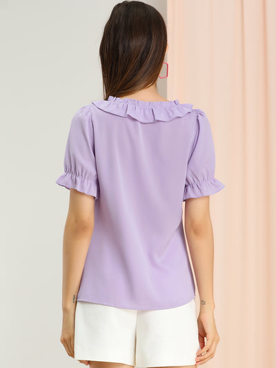 Ruffle Tie V NeckPuff Sleeve Ruffle Cuff Casual Blouse