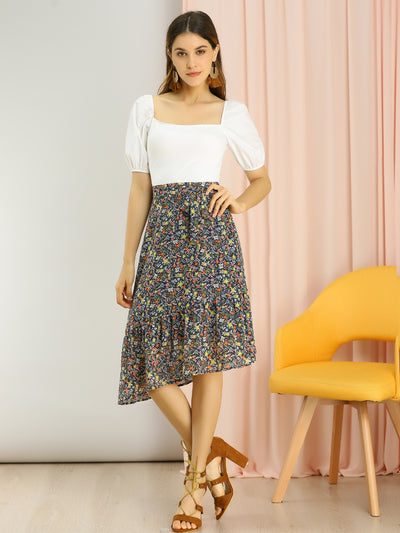 Floral Printed Asymmetrical Ruffled Hem Self-Tie Skirt