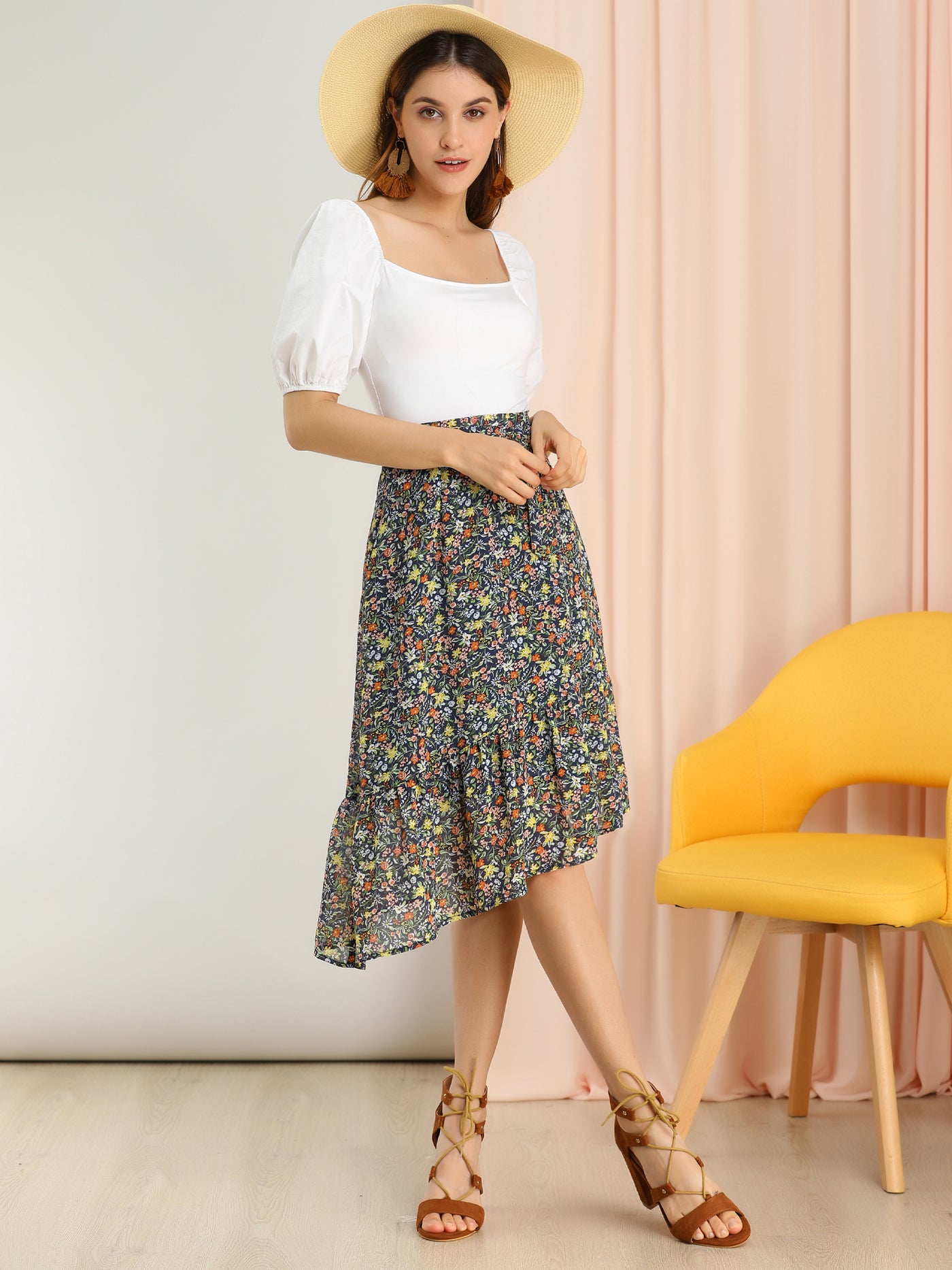 Allegra K Floral Printed Asymmetrical Ruffled Hem Self-Tie Skirt
