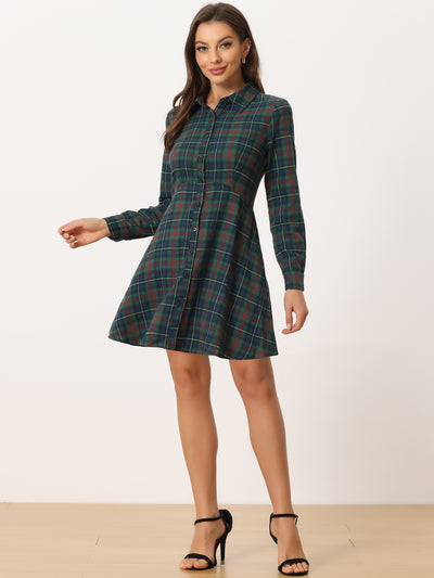 Plaids Button Down Cotton Mini A-Line Shirt Dress