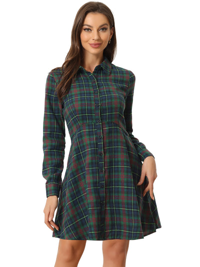 Plaids Button Down Cotton Mini A-Line Shirt Dress