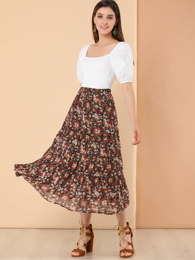 Chiffon Floral Printed Long Tiered Ruffle Boho Midi Skirt