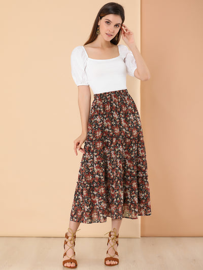 Chiffon Floral Printed Long Tiered Ruffle Boho Midi Skirt