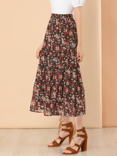 Chiffon Floral Printed Long Tiered Ruffle Boho Midi Skirt