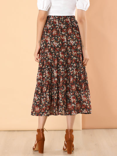 Chiffon Floral Printed Long Tiered Ruffle Boho Midi Skirt