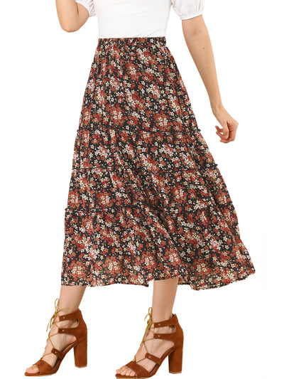 Chiffon Floral Printed Long Tiered Ruffle Boho Midi Skirt