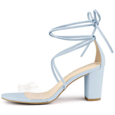 Open Toe Lace Up Clear Strap Block Heel Sandals