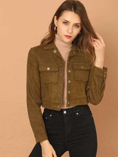 Faux Suede Jacket Button Down Collar Pockets Crop Moto Biker Coat