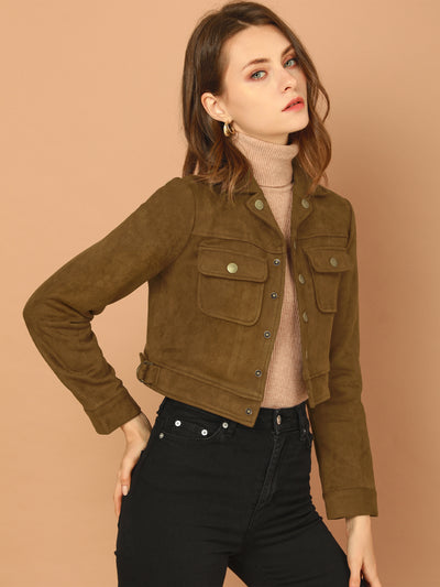 Faux Suede Jacket Button Down Collar Pockets Crop Moto Biker Coat