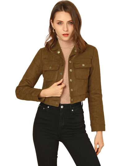 Faux Suede Jacket Button Down Collar Pockets Crop Moto Biker Coat